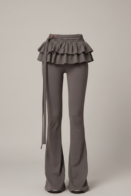 Pantalon Jupe Gris Évasé Volants Taille Haute - Maille - vue 3
