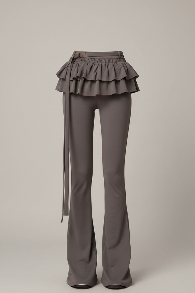 Pantalon Jupe Gris Évasé Volants Taille Haute - Maille - vue 3