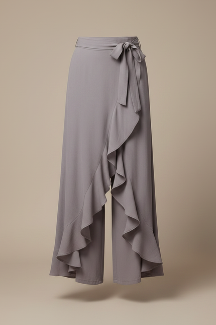 Pantalon Jupe Gris Fluide Volants Irrégulier Élégant - Viscose - vue 3