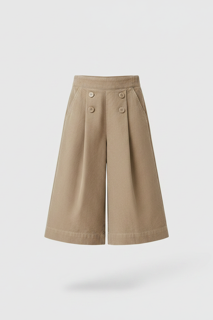 Pantalon Jupe Marron Plissé Boutons Décontracté Coton - Kaki Cordé - vue 3