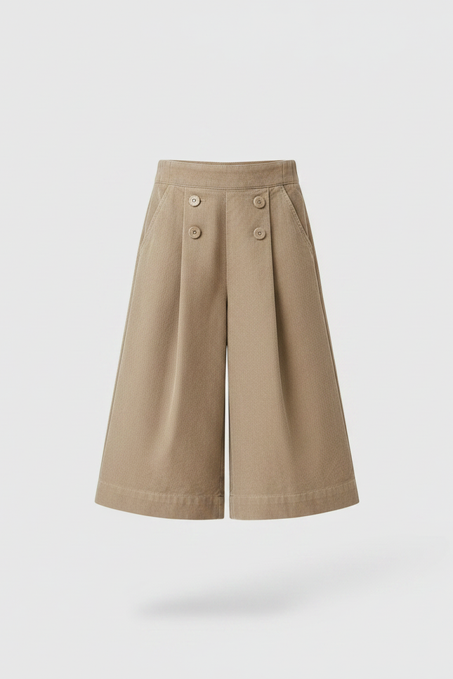 Pantalon Jupe Marron Plissé Boutons Décontracté Coton - Kaki Cordé - vue 3