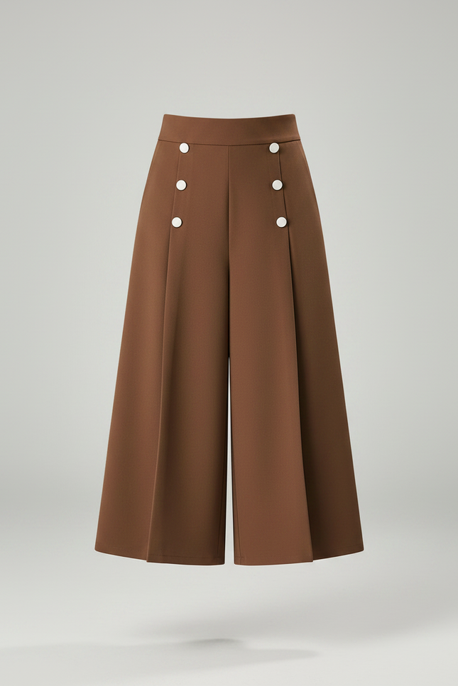 Pantalon Jupe Marron Plissé Boutons Élégant Décontracté - Polyester - vue 3