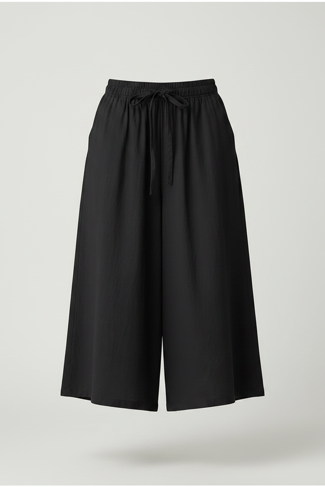 Pantalon Jupe Noir Ample Coton Lin Fluide Décontracté - vue 3