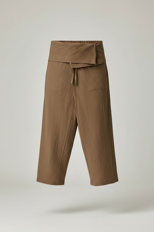 Pantalon Jupe Marron Lin Ample Décontracté Unisexe - vue 3