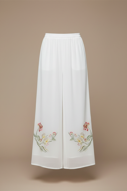 Pantalon Jupe Blanc Chiffon Brodé Floral Fluide Élégant - Polyester - vue 3