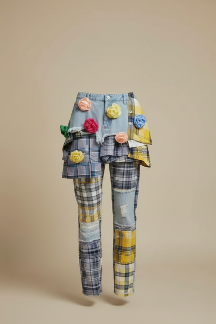 Pantalon Jupe Denim Plaid Déstructuré Mini Fleurs - Multicolore Jean - vue 3