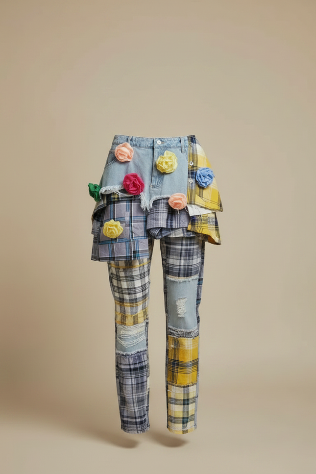 Pantalon Jupe Denim Plaid Déstructuré Mini Fleurs - Multicolore Jean - vue 3