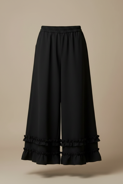 Pantalon Jupe Noir Ample Volants Plissés Fluide - Polyester - vue 3