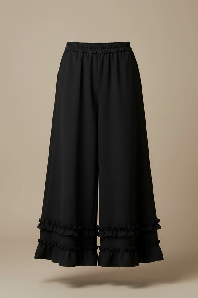 Pantalon Jupe Noir Ample Volants Plissés Fluide - Polyester - vue 3