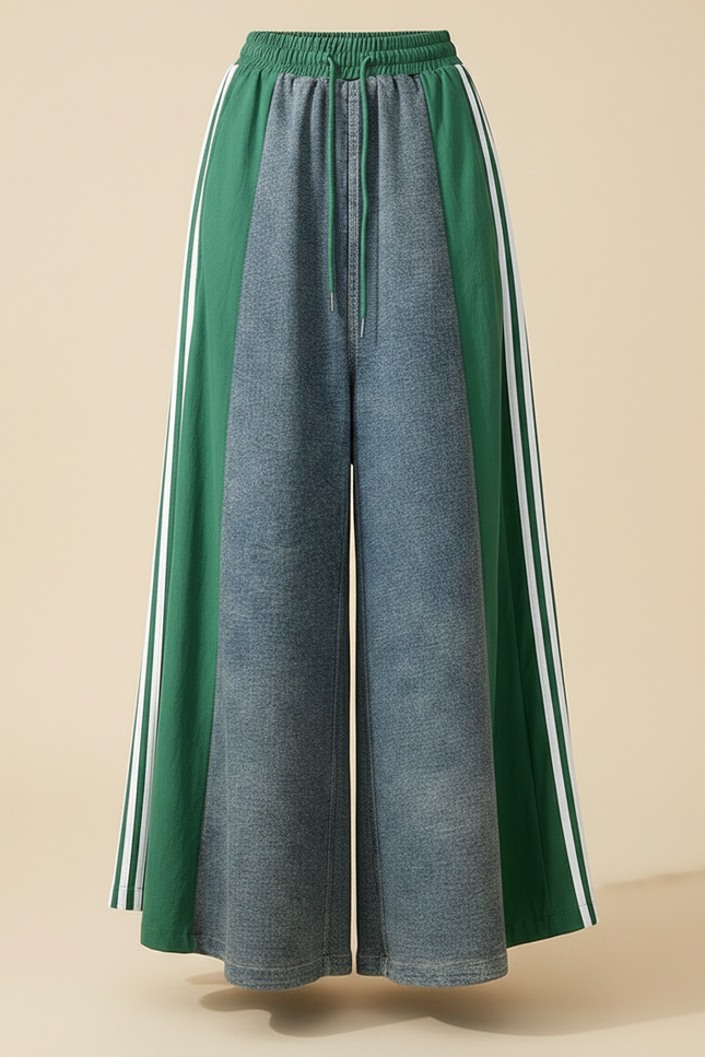Pantalon Jupe Longue Denim Patchwork Rayures Vertes - Multicolore Jean - vue 3