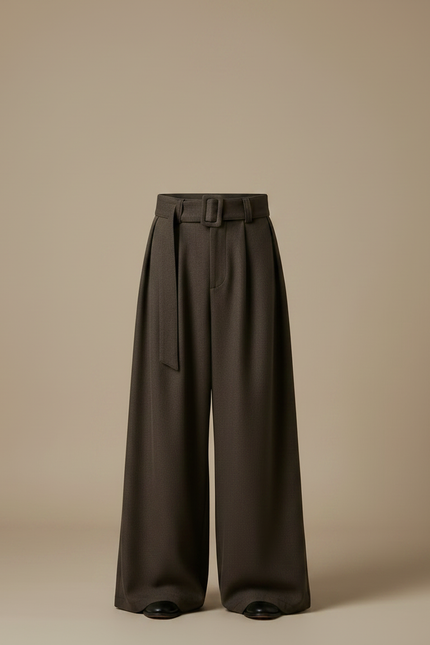Pantalon Jupe Marron Ample Plissé Ceinturé Homme Décontracté - Laine - vue 3
