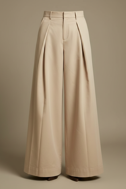 Pantalon Jupe Beige Plissé Ample Taille Haute Élégant - Gabardine - vue 3