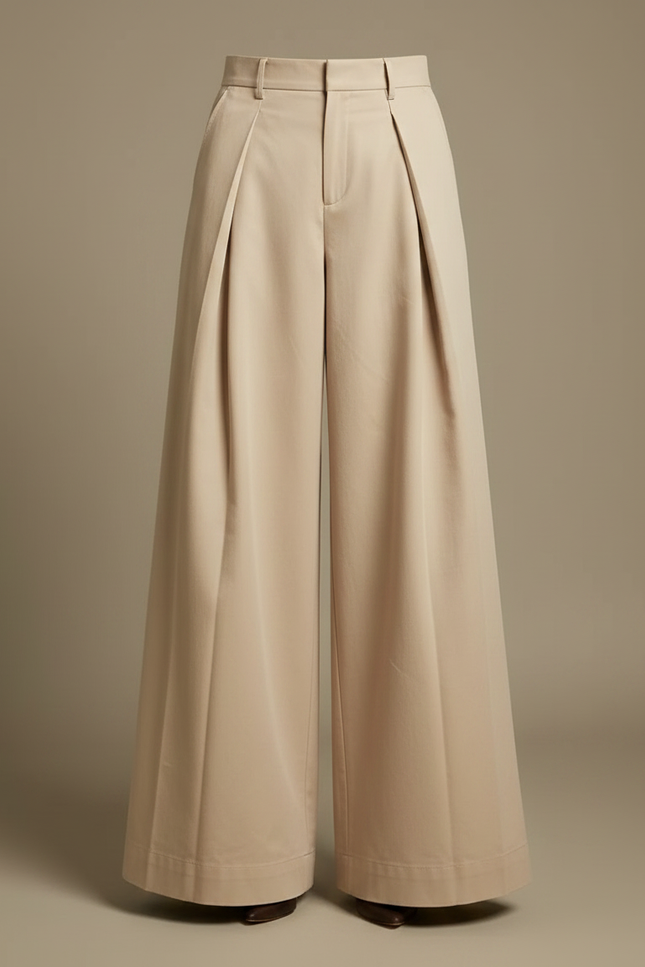 Pantalon Jupe Beige Plissé Ample Taille Haute Élégant - Gabardine - vue 3