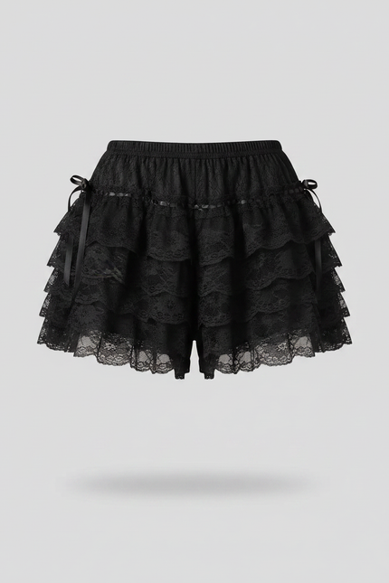 Pantalon Jupe Noir Dentelle Volants Nœuds Lolita - Polyester - vue 2