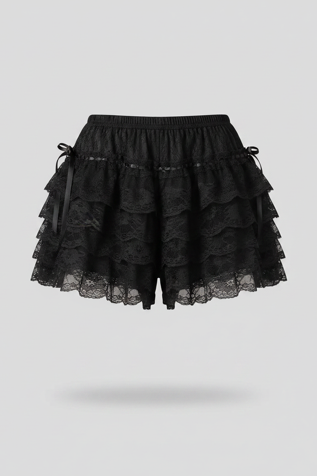 Pantalon Jupe Noir Dentelle Volants Nœuds Lolita - Polyester - vue 2