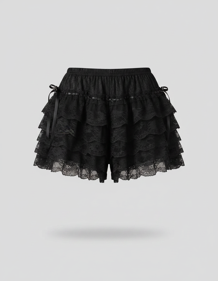 Pantalon Jupe Noir Dentelle Volants Nœuds Lolita - Polyester - vue 2