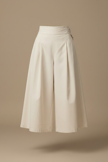 Pantalon Jupe Écru Plissé Long Élégant Femme - Beige Gabardine - vue 3