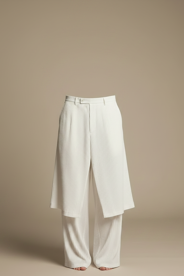 Pantalon Jupe Blanc Plissé Droit Élégant Homme - Cordé - vue 3
