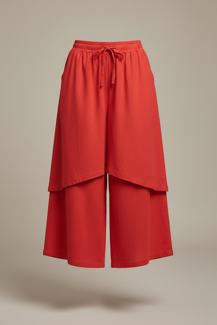 Pantalon Jupe Rouge Ample Lin Superposé Décontracté - vue 3