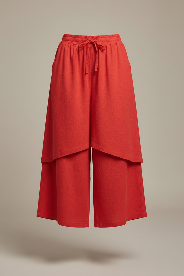 Pantalon Jupe Rouge Ample Lin Superposé Décontracté - vue 3
