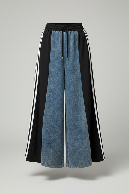 Pantalon Jupe Longue Denim Patchwork Rayures Noires - Jean - vue 3