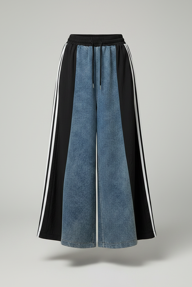Pantalon Jupe Longue Denim Patchwork Rayures Noires - Jean - vue 3