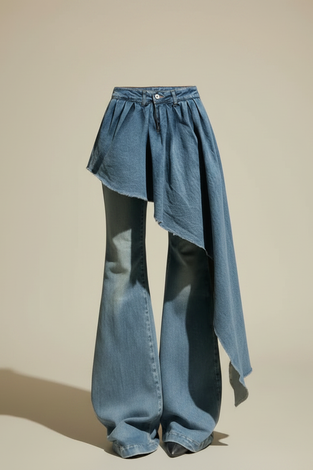 Pantalon Jupe Jean Bleu Ample Déstructuré Évasé - vue 3