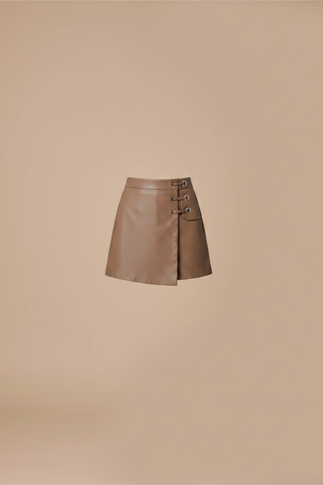 Pantalon Jupe Marron Cuir PU Taille Haute Élégant - Simili cuir - vue 3
