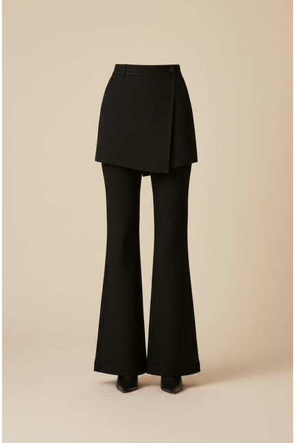 Pantalon Jupe Noir Évasé Élégant Taille Haute - Gabardine - vue 3