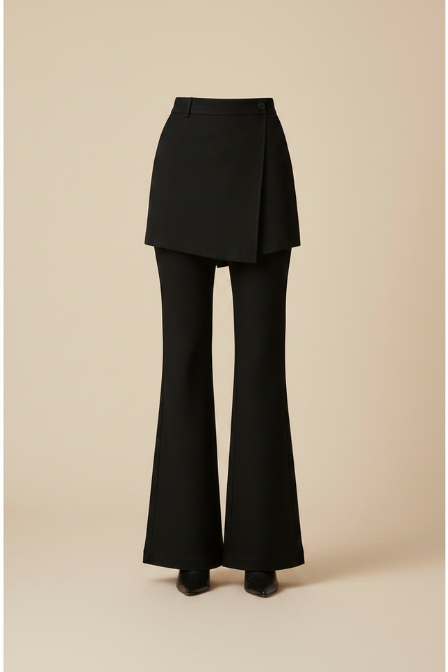 Pantalon Jupe Noir Évasé Élégant Taille Haute - Gabardine - vue 3