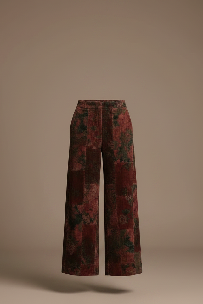 Pantalon Jupe Velours Côtelé Floral Vintage Ample Marron - Cordé - vue 3