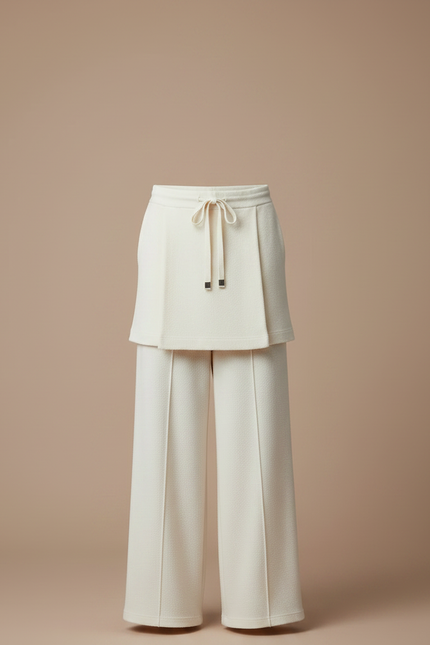 Pantalon Jupe Crème Laine Ample Superposé Élégant - Beige - vue 3