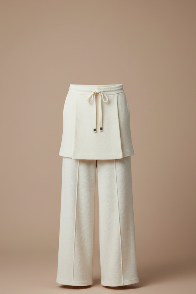 Pantalon Jupe Crème Laine Ample Superposé Élégant - Beige - vue 3