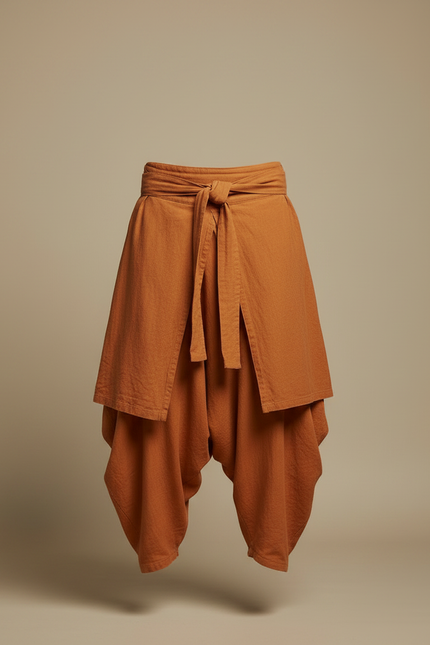 Pantalon Jupe Marron Ample Lin Plissé Homme Décontracté - Orange - vue 3
