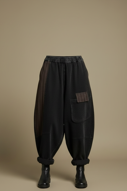 Pantalon Jupe Côtelé Noir Ample Vintage Patchwork - Cordé - vue 3