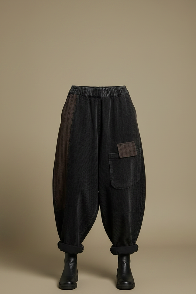 Pantalon Jupe Côtelé Noir Ample Vintage Patchwork - Cordé - vue 3