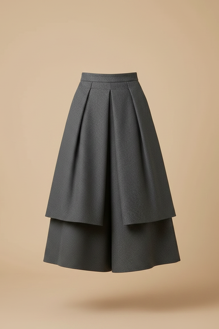 Pantalon Jupe Gris Plissé Laine Ample Superposé Élégant - vue 3