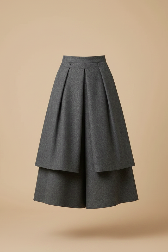 Pantalon Jupe Gris Plissé Laine Ample Superposé Élégant - vue 3