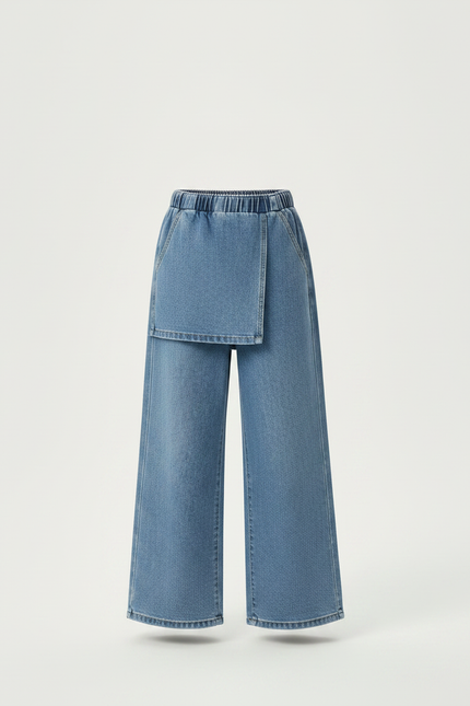 Pantalon Jupe Denim Bleu Ample Superposé Élastique Fille - Jean - vue 3