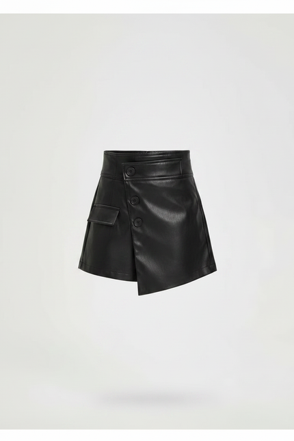Pantalon Jupe Noir Cuir Asymétrique Boutons Élégant - Simili cuir - vue 3