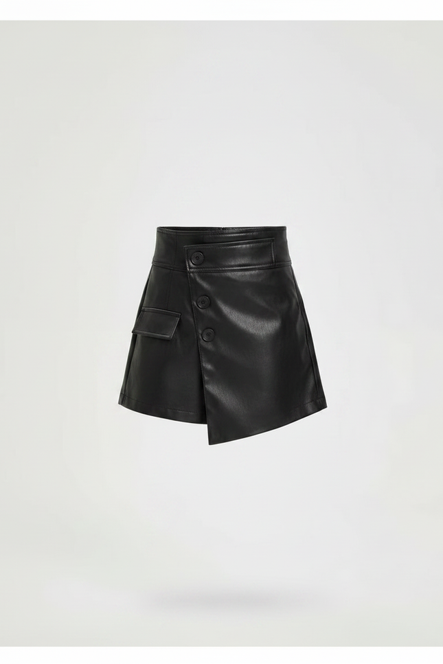 Pantalon Jupe Noir Cuir Asymétrique Boutons Élégant - Simili cuir - vue 3