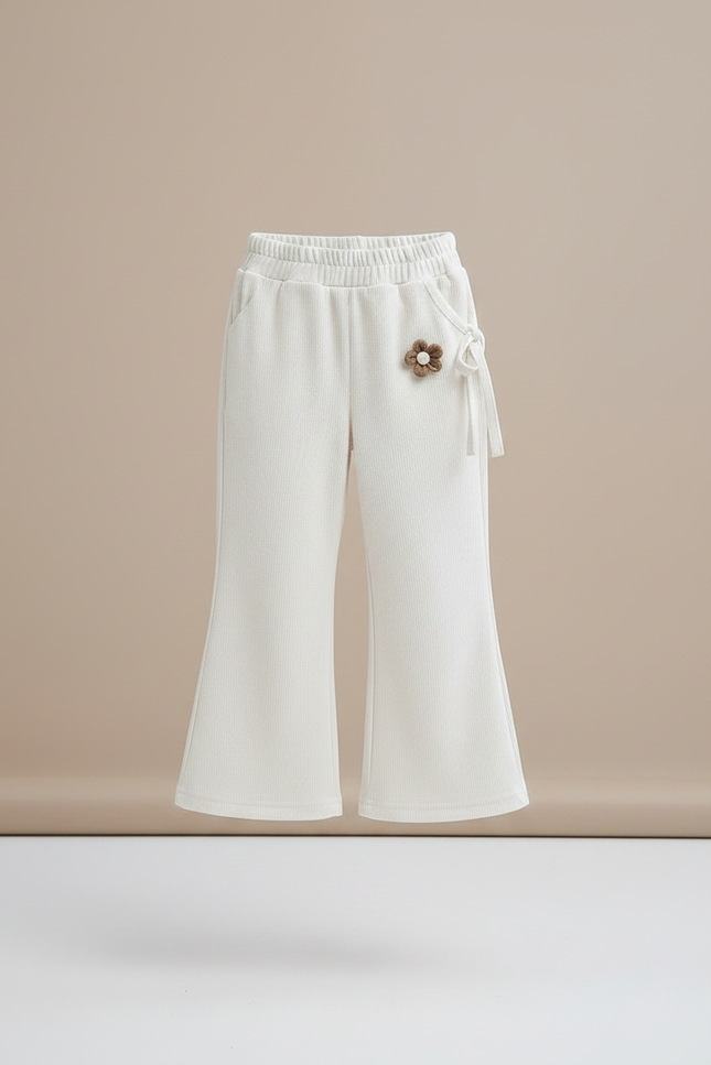Pantalon Jupe Évasé Côtelé Fleur Crème Fille - Blanc Maille - vue 3