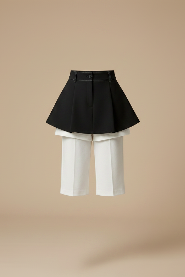 Pantalon Jupe Noir Plissé Superposé Élégant Court - Polyester - vue 3