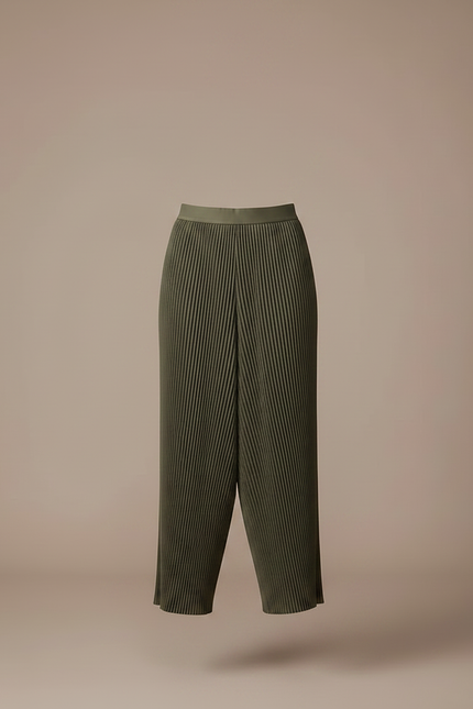 Pantalon Jupe Plissé Vert Militaire Asymétrique Fluide - Kaki Polyester - vue 3