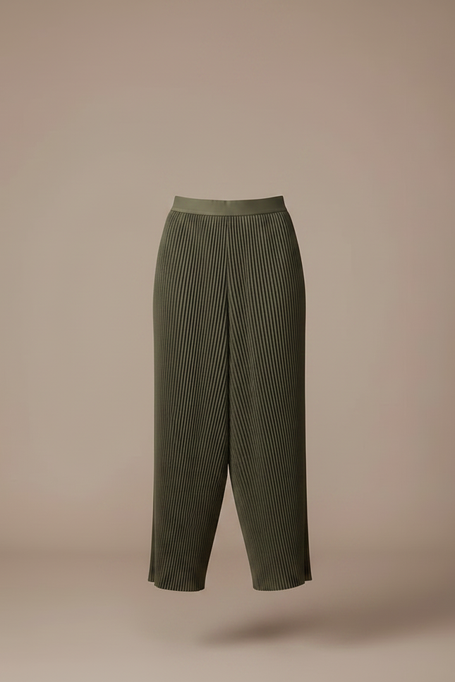 Pantalon Jupe Plissé Vert Militaire Asymétrique Fluide - Kaki Polyester - vue 3