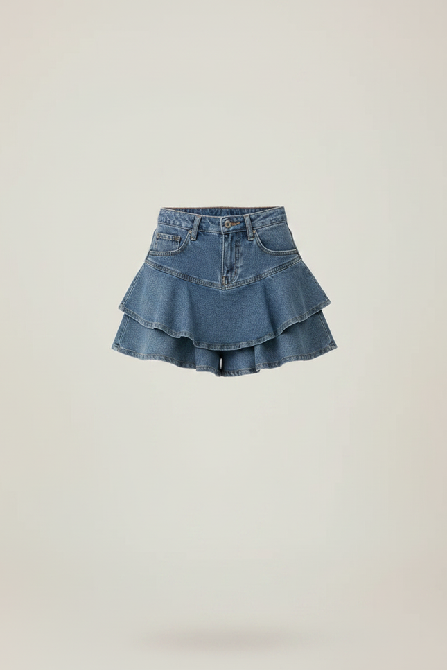 Pantalon Jupe Denim Bleu Volants Superposés Court - Jean - vue 3