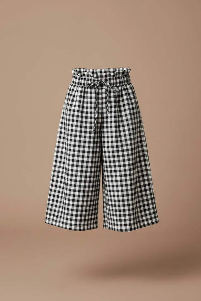 Pantalon Jupe Carreaux Noir Blanc Ample Cordon Fille - Imprimé Coton - vue 3