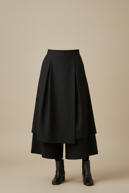 Pantalon Jupe Noir Plissé Superposé Ample Femme - Laine - vue 3
