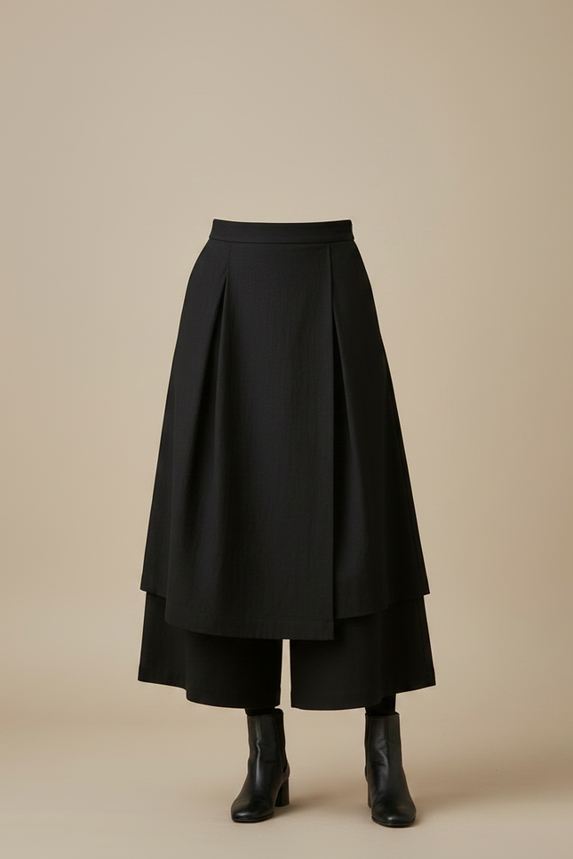 Pantalon Jupe Noir Plissé Superposé Ample Femme - Laine - vue 3