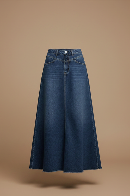 Pantalon Jupe Denim Longue Évasée Brut Taille Haute - Bleu Jean - vue 3
